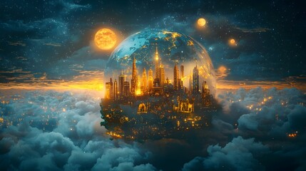 Fototapeta premium Glowing Celestial Metropolis - Surreal Fantasy Cityscape Floating in Dreamlike Landscape