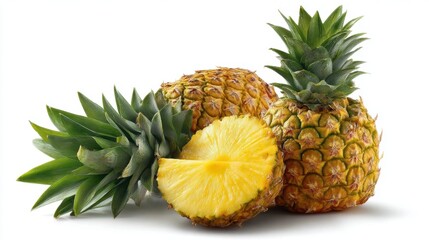 Freshly cut pineapple with lush leaves, capturing a vibrant and appetizing still-life. The tropical fruit is presented with a segment cut, inviting viewers to indulge in its refreshing taste.