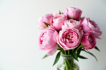 A bouquet of fresh pink peonies and roses in a stylish arrangement on a white background , #pinkpeony, #springfloral