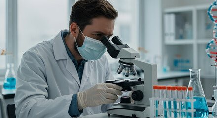 Focused Male Scientist in Mask Using Microscope, Modern Lab Setting