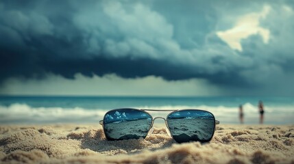 A pair of sunglasses is placed on the sand on a beach. An ominous storm is reflected in the sunglasses as people run for shelter.