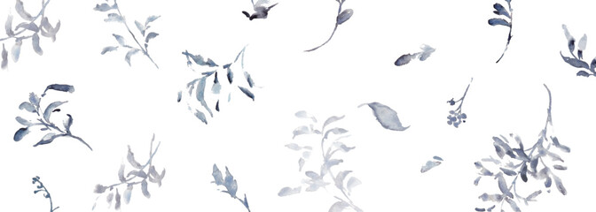 水彩画。水彩タッチののモノクロベクター草木イラスト。シンプルな草木装飾フレーム。Watercolor painting. Black and white vector illustration of plants and trees with watercolor touch. Simple grass tree decorative frame.