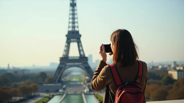 Parisian Perspective: Young Woman Photographing Eiffel Tower with Smartphone