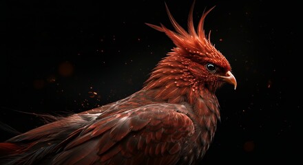 Fototapeta premium Red Bird Facing Right with Detailed Feathers on Dark Background