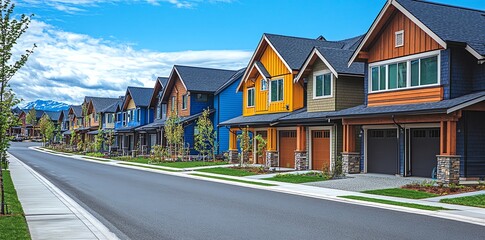 A row of vibrant houses lines a quiet street on a bright sunny day.  The houses are various colors. Perfect for real estate marketing.