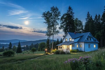 house exterior village house village trees blue new natural light mystic night moon landscape journey meadow images idyllic horizon evening environment