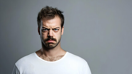 Obraz premium Portrait of a Grumpy Man with Mustache in White T-Shirt Expressing Anger and Irritation Against a Gray Backdrop in a Studio Setting with Intense Gaze