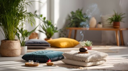 Blurred meditation space with cushions, incense, and indoor plants