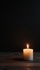 Minimalist wooden backdrop with a single candle flickering in the darkness, ambient glow, peaceful ambiance, minimalist decor