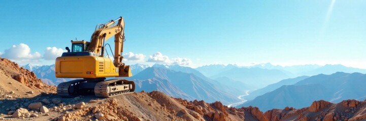 Excavator standing on a vast blue sky with mountains in the background, industrial, excavator, heavy machine