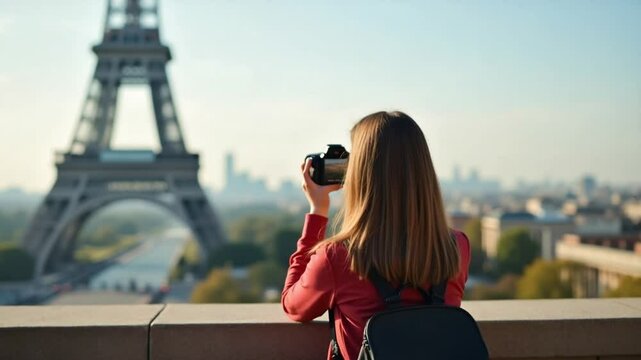 Parisian Panorama: Woman Photographing Eiffel Tower from Elevated Viewpoint