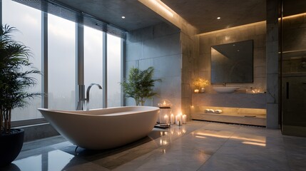Blurred luxury bathroom with freestanding tub, natural stone, and ambient lighting