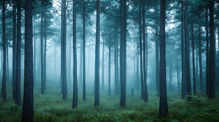 Fototapeta premium Walking Through Forest with Fog and Tall Trees