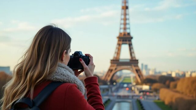 Woman with DSLR Photographing Eiffel Tower, Parisian Autumnal Backlight