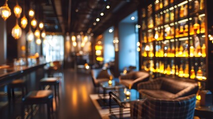 Blurred luxury bar interior with dark tones