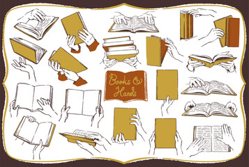 本を読む、開く、持つ手などのイラスト素材セット。ベクターイラスト素材。