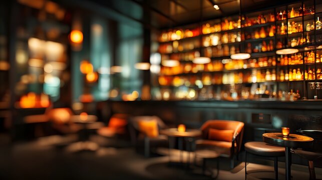 Blurred luxury bar interior with dark tones, glowing bottles, and modern seating