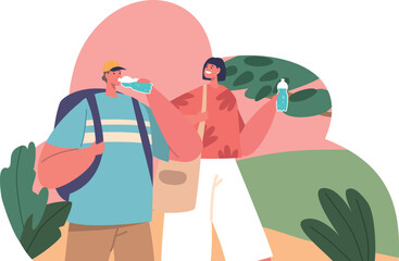 Loving couple tourists drinking water