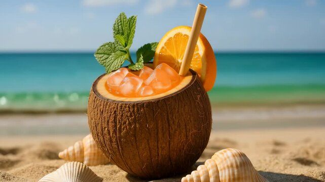 Tropical cocktail served in coconut shell on sandy beach  