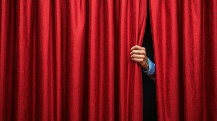 A hand pulls back a red stage curtain