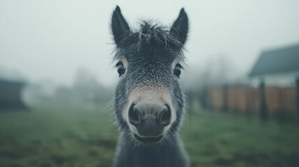Fototapeta premium Gray horse in foggy field serene equestrian stock photo