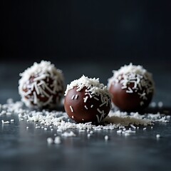 Chocolate truffles coated in coconut flakes arranged on a dark surface with scattered sprinkles
