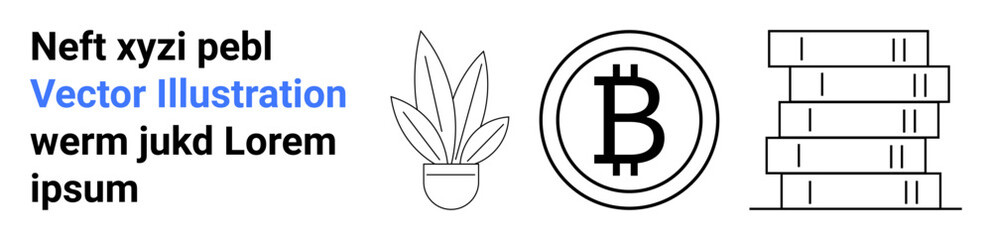 Potted plant, Bitcoin symbol, and stacked books in clean black-and-white style. Ideal for finance, learning, digital currency, investment, minimalism, technology flat landing page banner