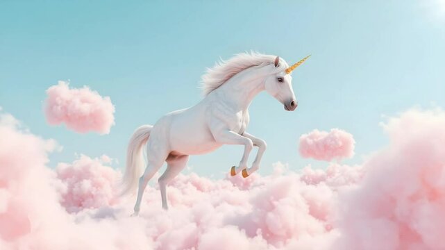 A majestic white unicorn with a golden horn leaps gracefully amidst fluffy pink clouds, a dreamy and whimsical scene.