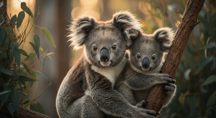 Fototapeta premium Koala Mother and Cub Hugging Tree Branch in Forest Setting