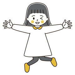 ジャンプする女の子のイラスト　黒髪