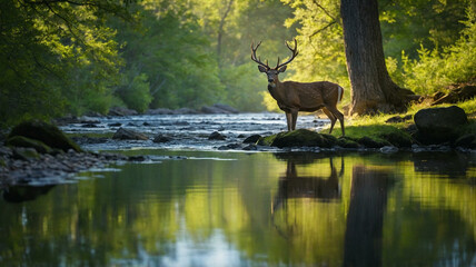 A majestic deer with antlers standing by a calm stream in a lush forest, with sunlight filtering through the trees.