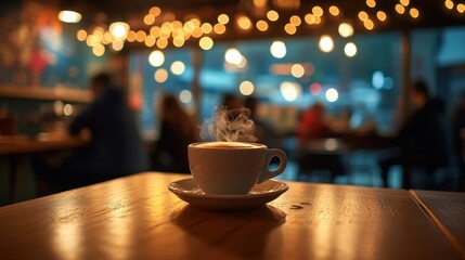 Steaming coffee cup on a wooden table, blurred cafe background with lights