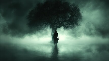Fototapeta premium A solitary figure in a misty, ominous landscape