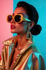 Stylish woman in vibrant sunglasses and metallic jacket poses against colorful backdrop