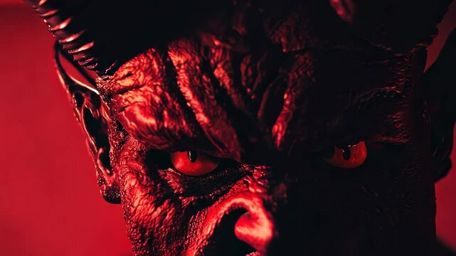 This striking stock image features a devilish character with intense facial features, showcasing vivid red tones and dramatic lighting that evoke fear and intrigue.