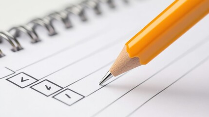 Close-Up of Yellow Pencil Pointing at Checked List on Spiral Notebook Page with Blank Spaces