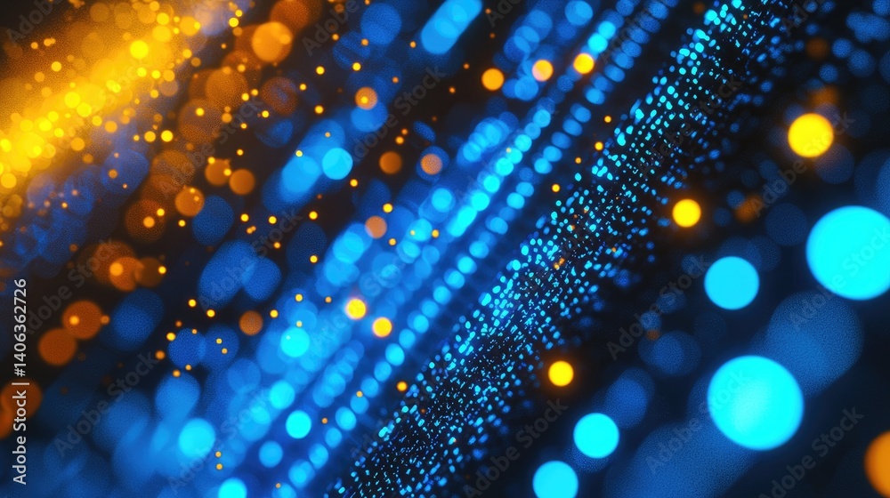 Poster abstract 3d visualization of glowing blue and orange dots representing digital data flow. great for 