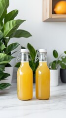 Two bottles orange liquid refreshment homemade beverage