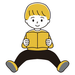座って本を読む男の子のイラスト　笑顔