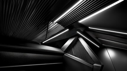 Abstract Interior Design, Dark and Modern.  Complex, geometric,  angled structure with bright light accents