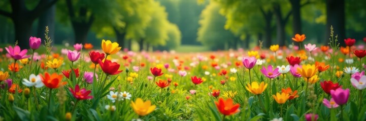 Fototapeta premium vibrant flowers of every color blooming in a lush meadow, surrounded by trees and tall grass, landscape, meadow