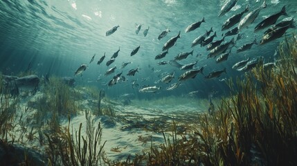 Fototapeta premium Underwater school of fish amongst aquatic vegetation.