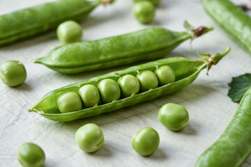 Fresh Green Peas In Pods On White Background Healthy Food Still Life