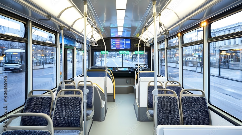 Poster A bright and spacious public bus interior featuring comfortable seating digital route display and energy efficient LED lighting for a convenient and efficient commuting experience