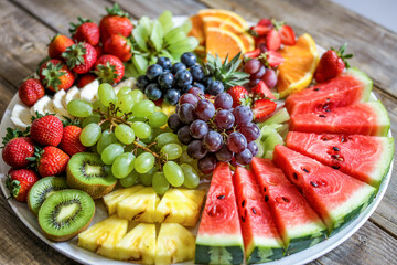Appetizing Fruit Platter With Strawberries Grapes Watermelon Kiwi And Orange Slices