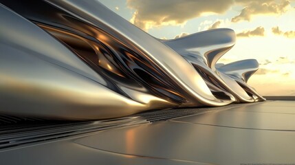 Fototapeta premium Futuristic architectural facade with flowing metallic forms at sunset