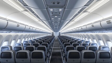 Fototapeta premium A clean and spacious economy class airplane cabin with rows of comfortable seats and soft relaxing lighting creating a welcoming ambiance for passengers