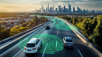 Autonomous vehicles on a highway, connected to a smart city