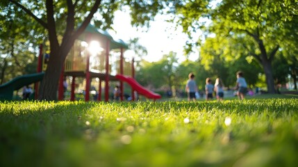 Obraz premium Children play near colorful slides and trees in sun-drenched park scene