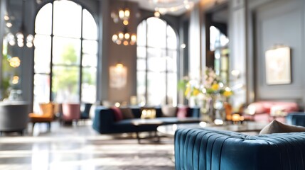 Blurred boutique hotel lobby with velvet sofas, large windows, and art deco accents